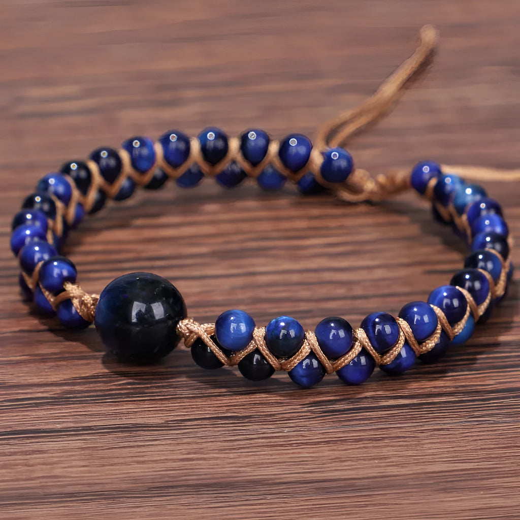 Handwoven geometric bracelet with sliding knot and natural stone bead in Amethyst or Tiger Eye