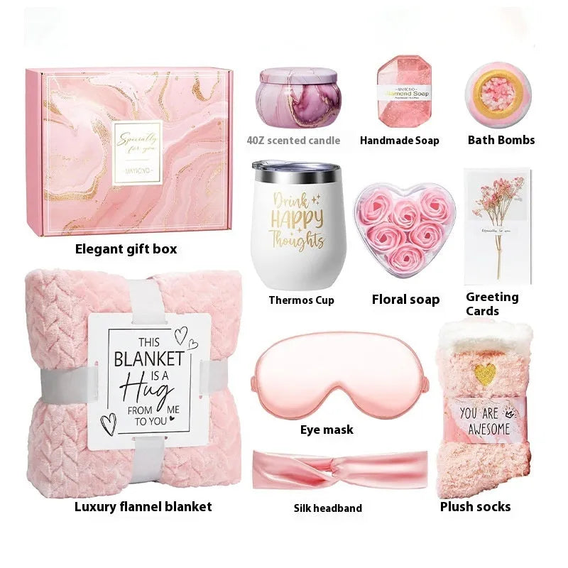 Aromatherapy gift set with candle, soap and bath products in modern plastic box