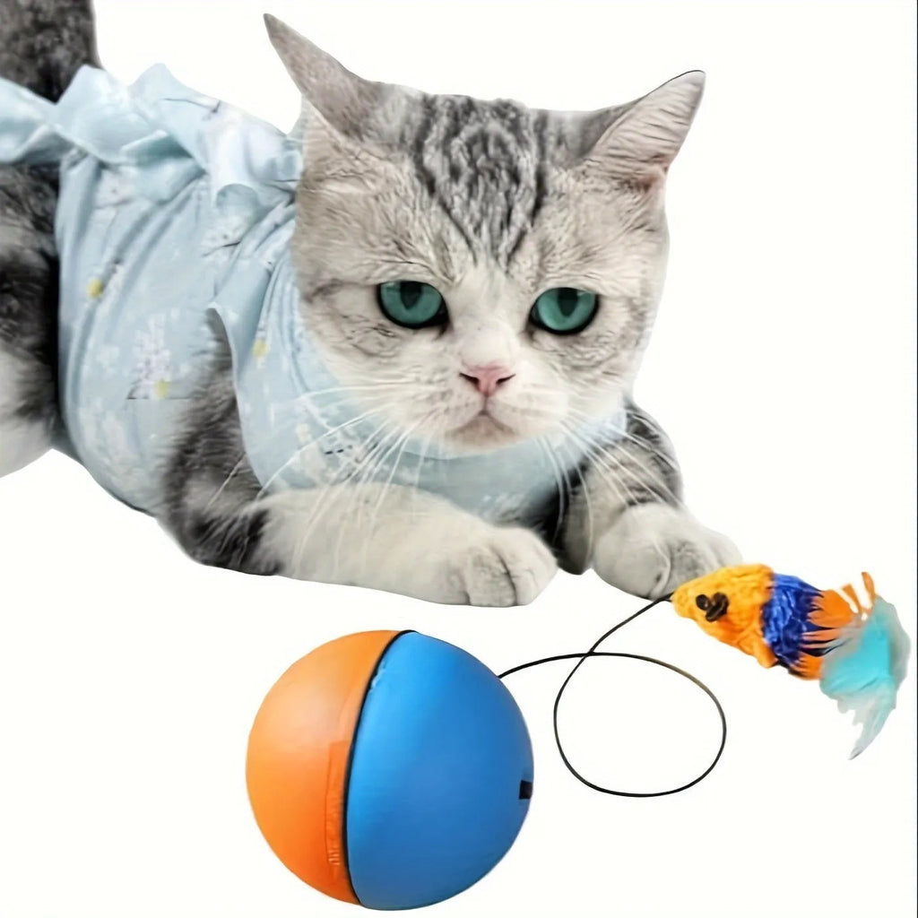 Interactive blue and orange plush mouse cat toy with feather teaser, 8.5cm diameter
