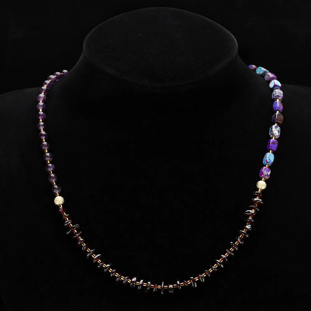 Purple amethyst round bead bracelet with geometric garnet accents, handmade stone jewellery