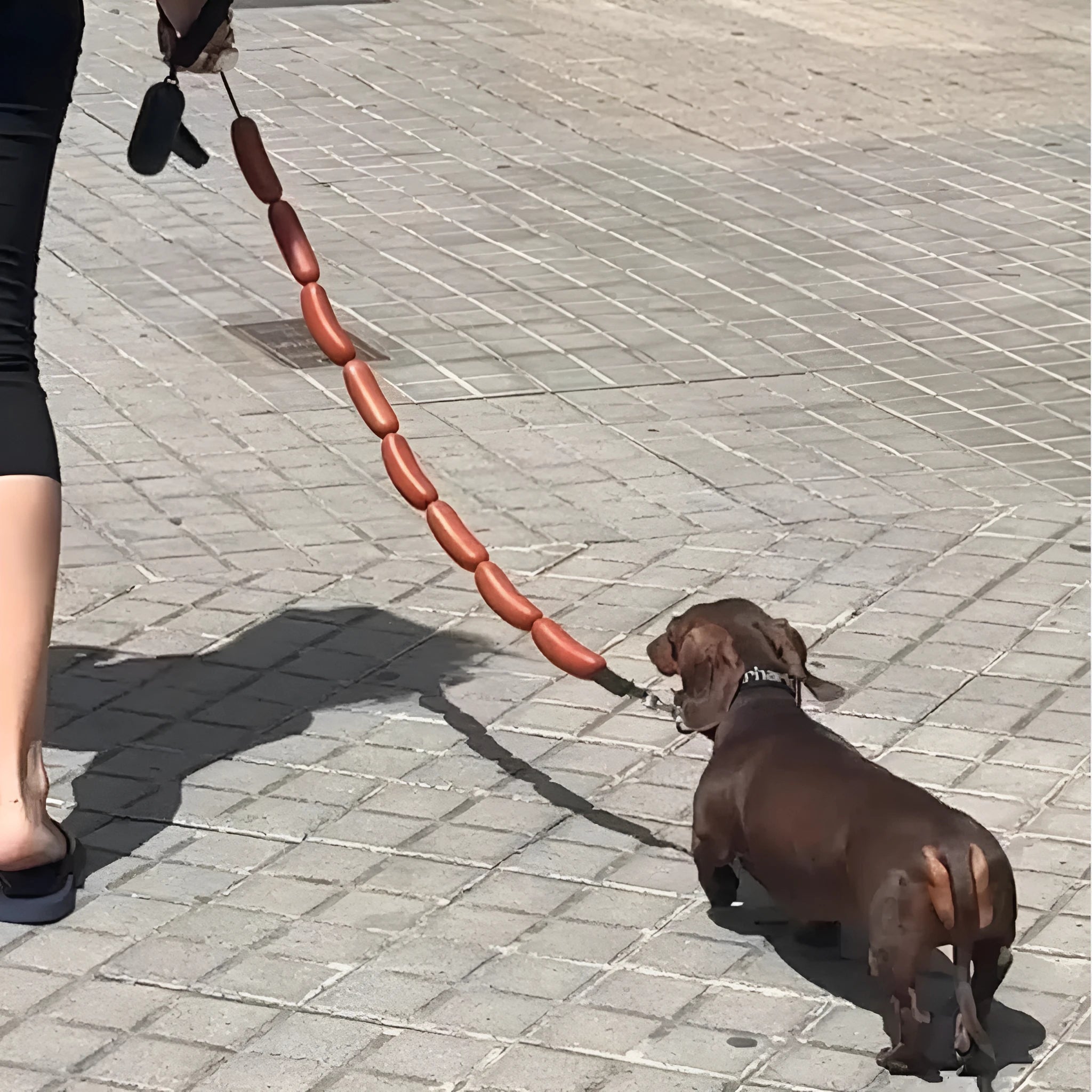 Brown sausage-link dog hand rope toy with grip tape, total length 108cm.