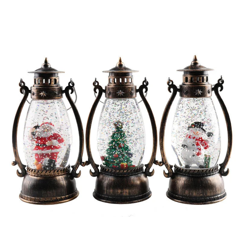 Crystal ball portable oil lamp Christmas decoration with light-emitting feature and snowman or elderly figure.