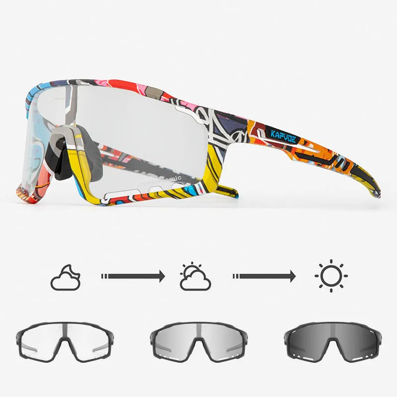 Unisex semi-rimless cycling sports goggles with a photochromic lens and TR90 frame on a solid colour background.