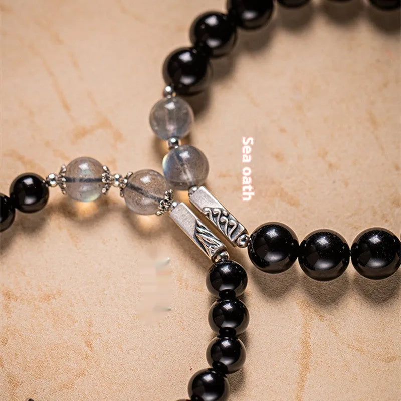 Black obsidian couple bracelet DIY kit with 8mm and 10mm beads in national style