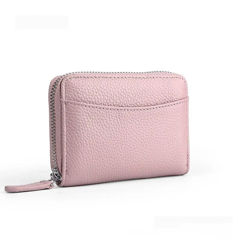 Genuine leather coin purse wallet with zipper in multiple colour options including black, blue, and pink