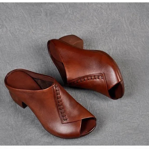 Women's black square heel peep-toe slippers with fish mouth scaffold design