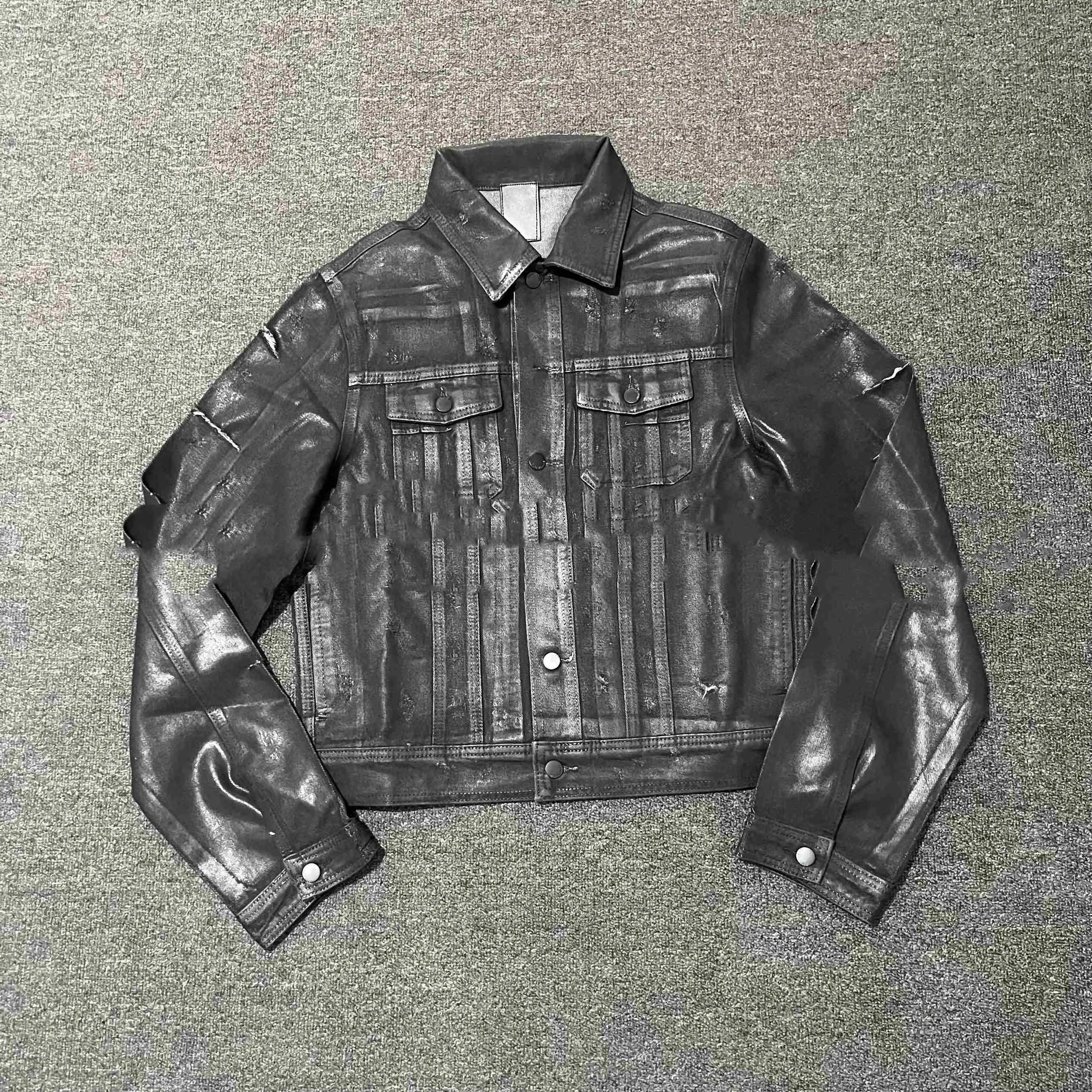 Black denim coat archive short slim jacket with lapel collar on model