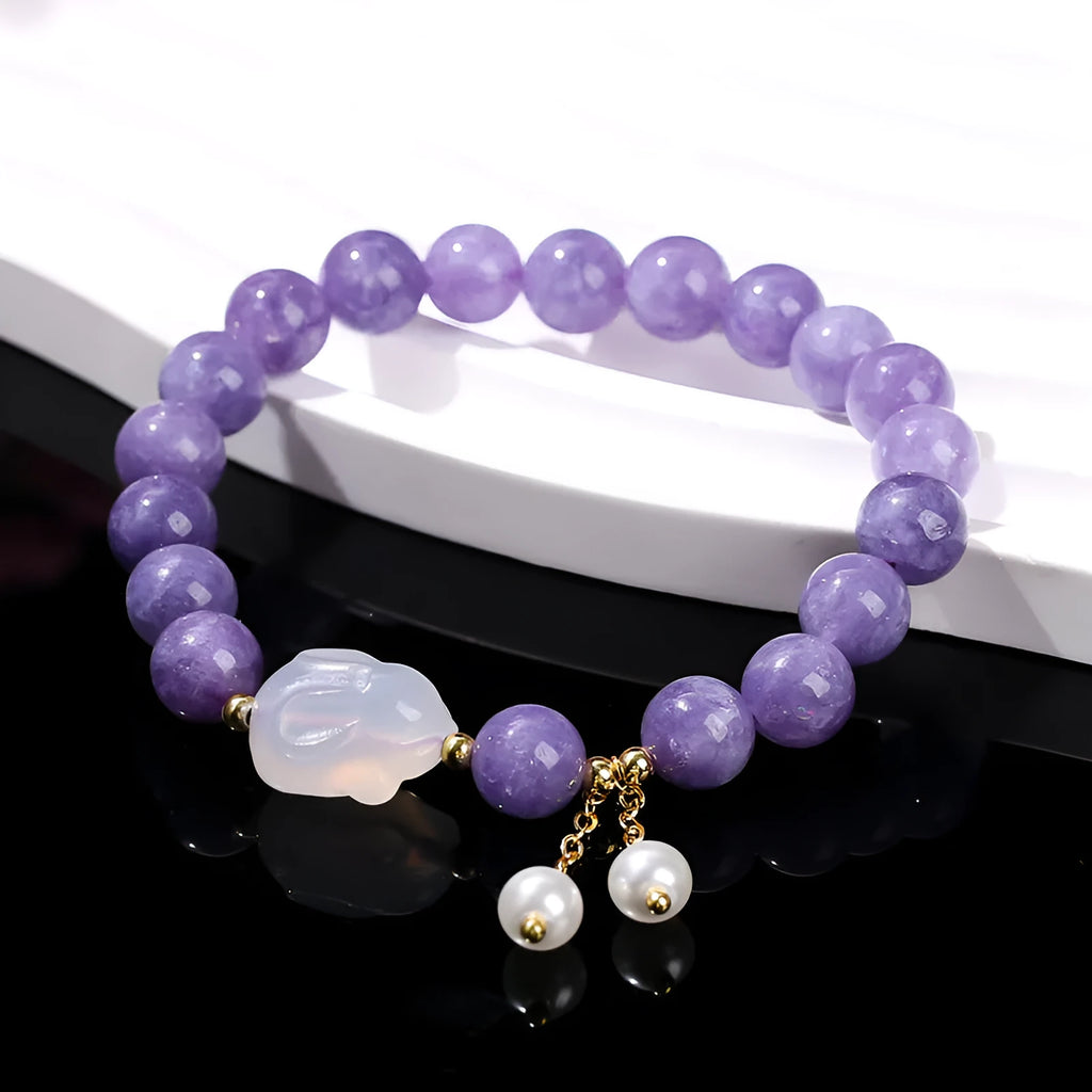 Purple aquamarine and lychee jelly agate rabbit bracelet with geometric design and round elements