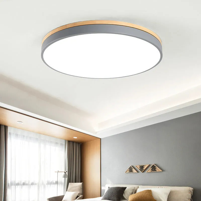Round Nordic style solid wood and iron LED ceiling lamp with acrylic shade