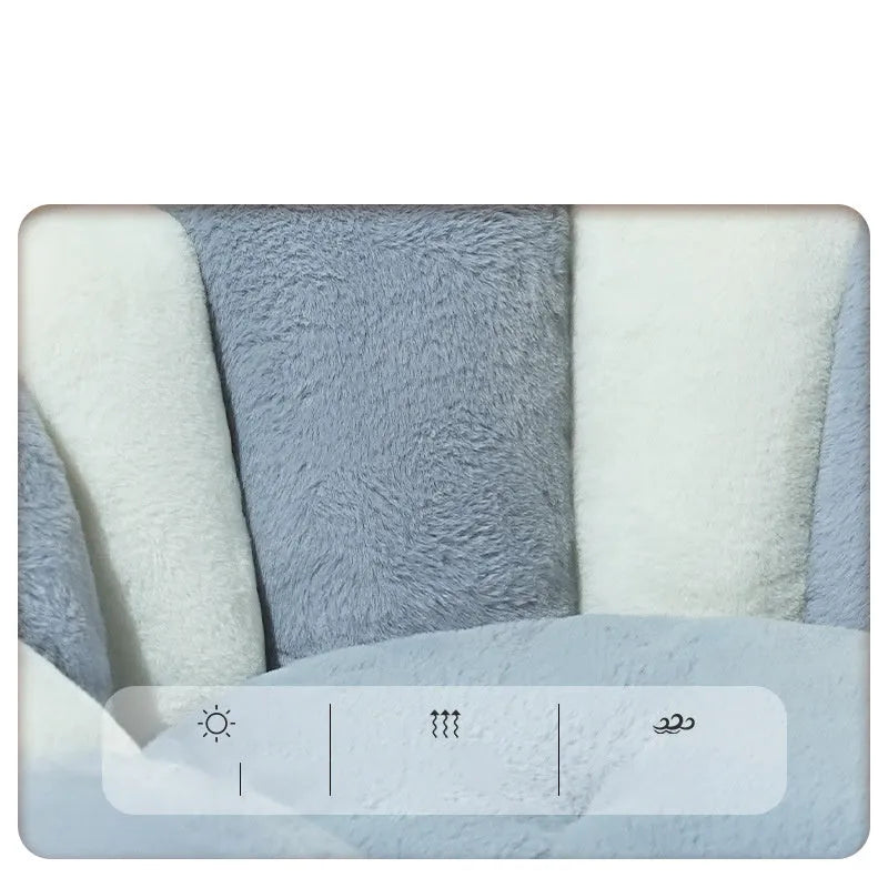 Greyish-white rabbit fur lined pet shell nest bed for cats and small dogs in three sizes.