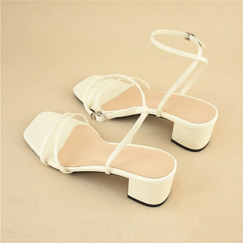 Beige women's sandals with a stiletto chunky heel, square toe, and a single ankle buckle.