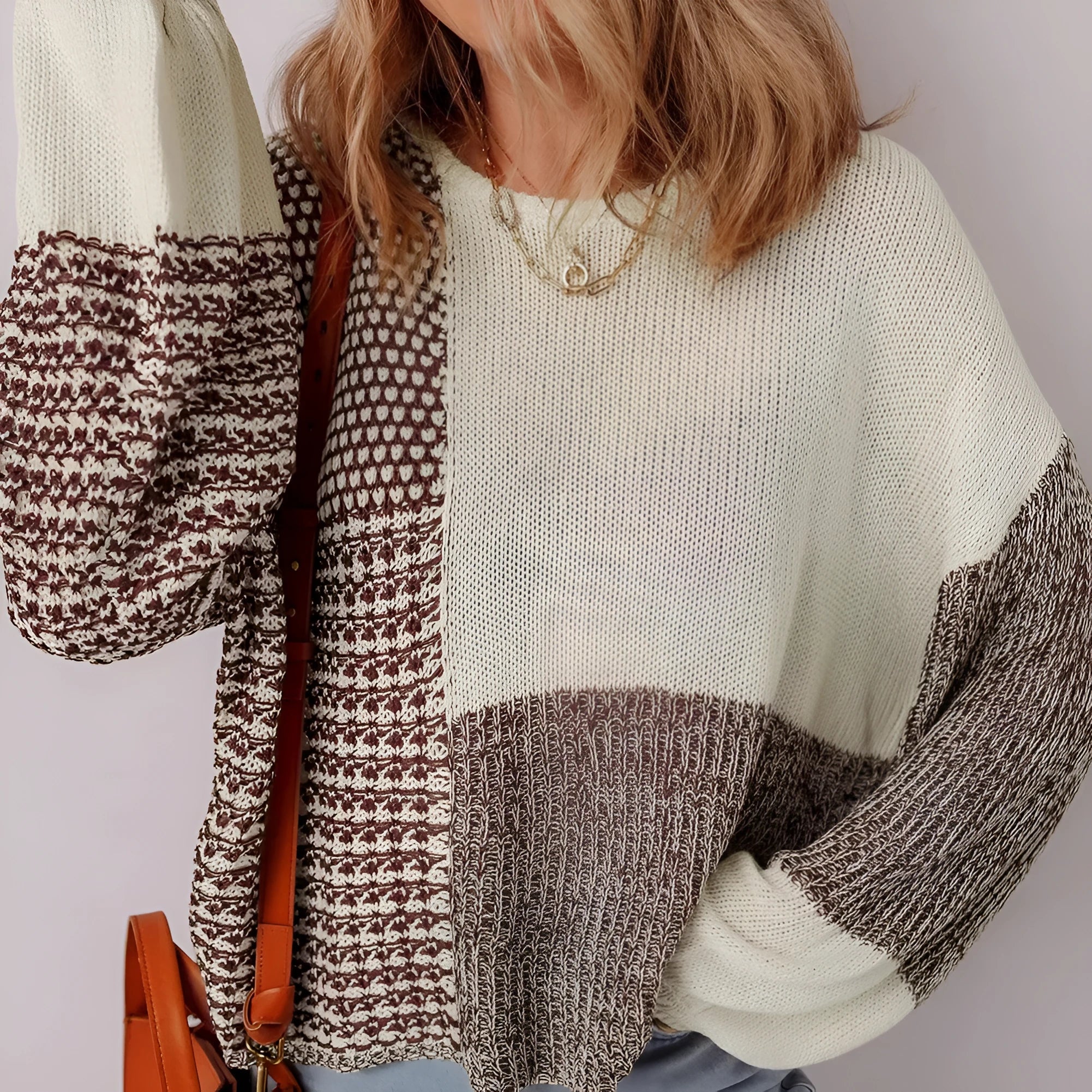 Dark khaki colour block loose sweater with long sleeves and a back tie fastening