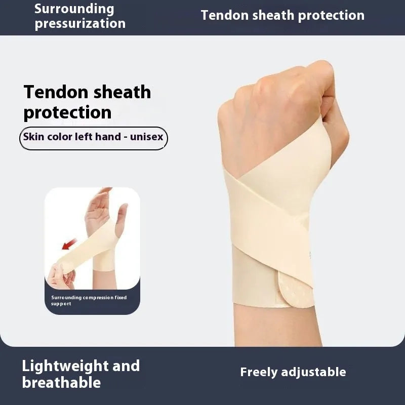 Adjustable athletic wristguard in black on a wrist, showing Velcro strap closure.
