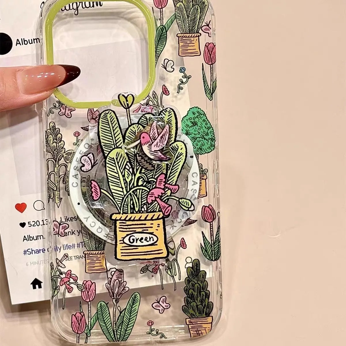 Retro oil painting jungle bird acrylic phone case with magnetic suction bracket in frosted finish for Apple iPhone