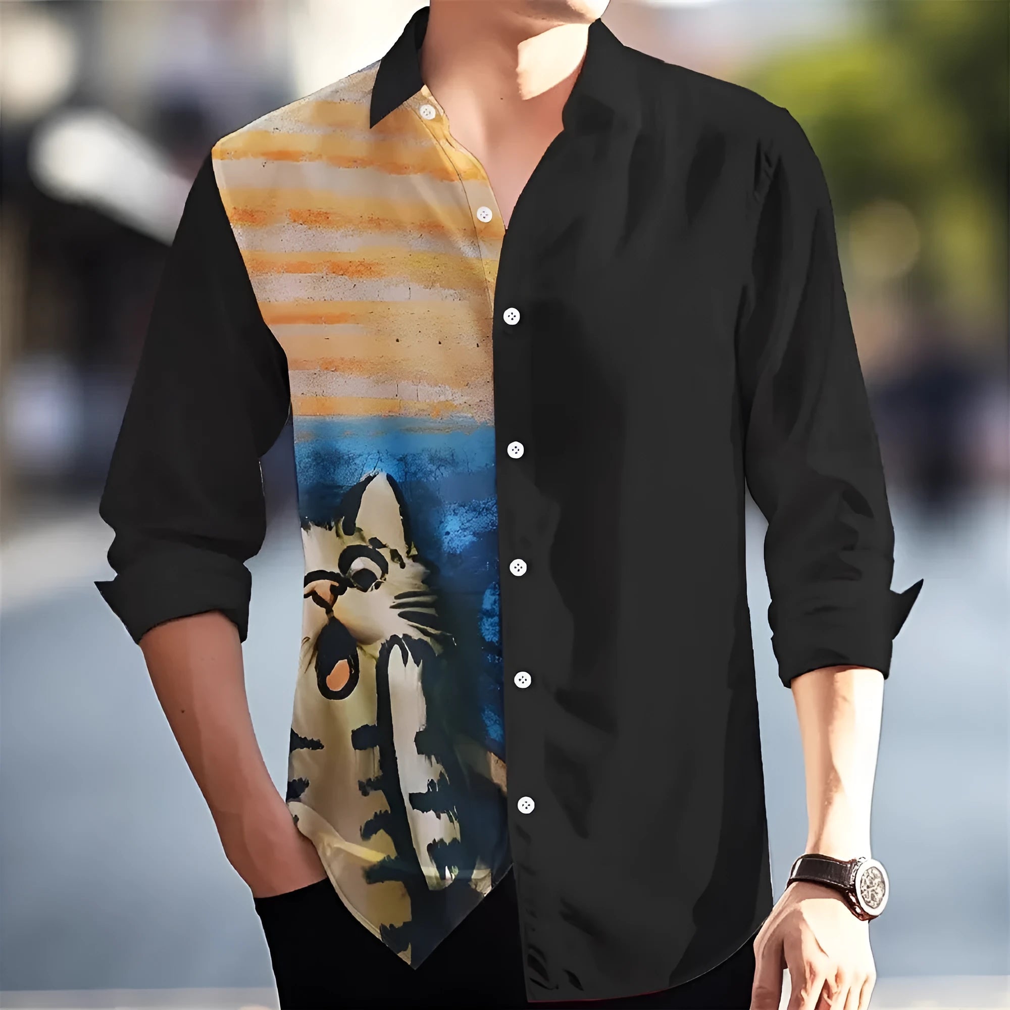 Men's Hawaiian style long sleeve shirt with floral pattern in a loose cardigan fit