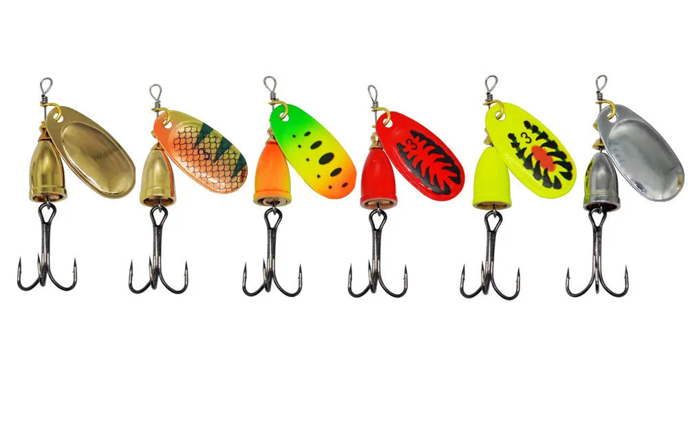 R Composite Rotating Sequins Copper Bell metal fishing lure in multiple colour options on a blue background.
