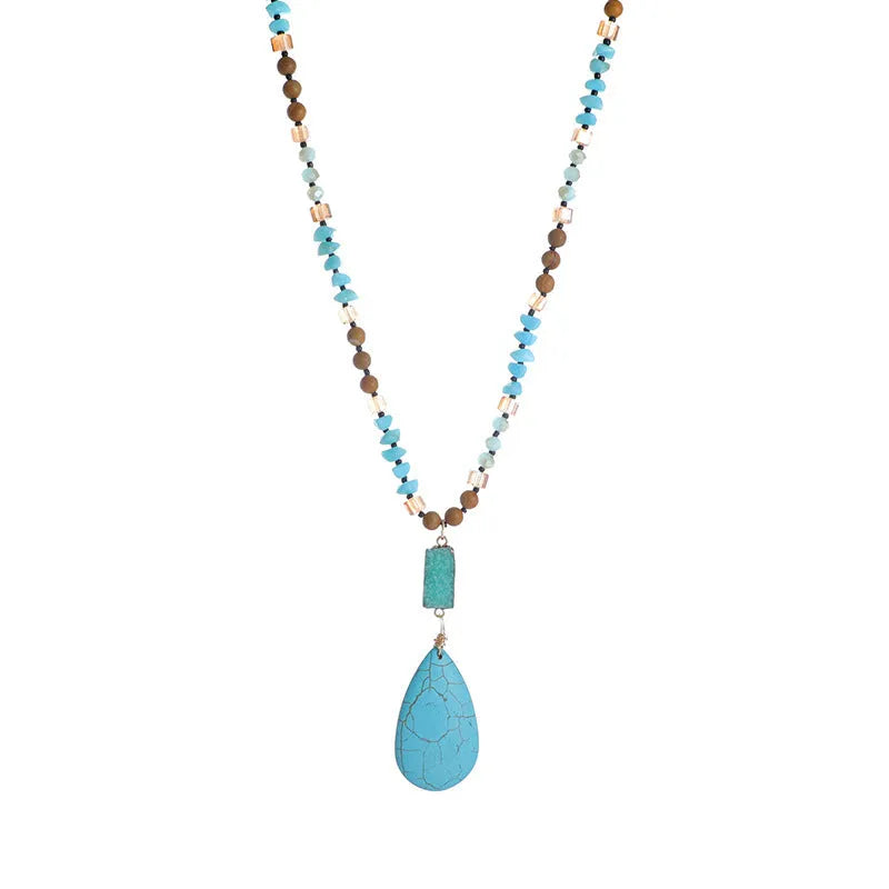 Turquoise blue water drop pendant necklace with mixed gem inlaid and ball bead chain
