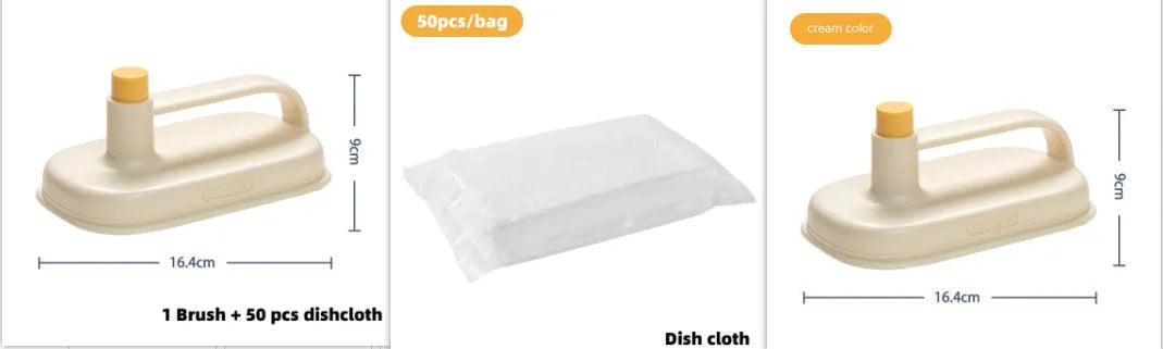 Magic Brush disposable cleaning brush with handle, 50 white rag refills, and a storage box holder.