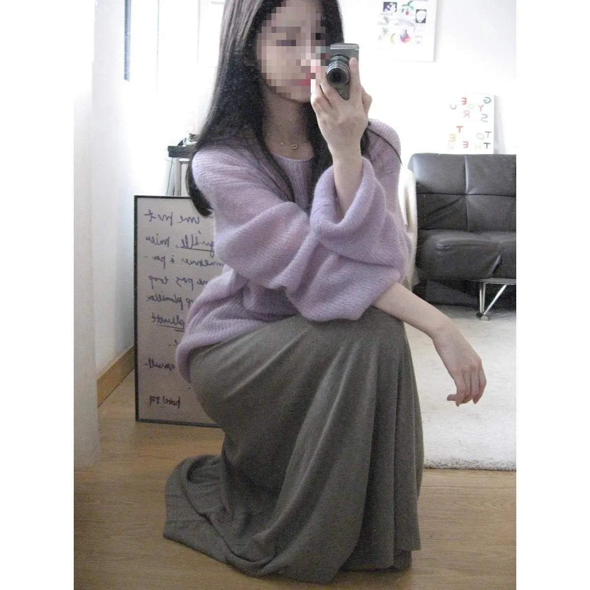 Purple women's round neck blouse with hollow-out detail and princess sleeves in lightweight ice silk fabric