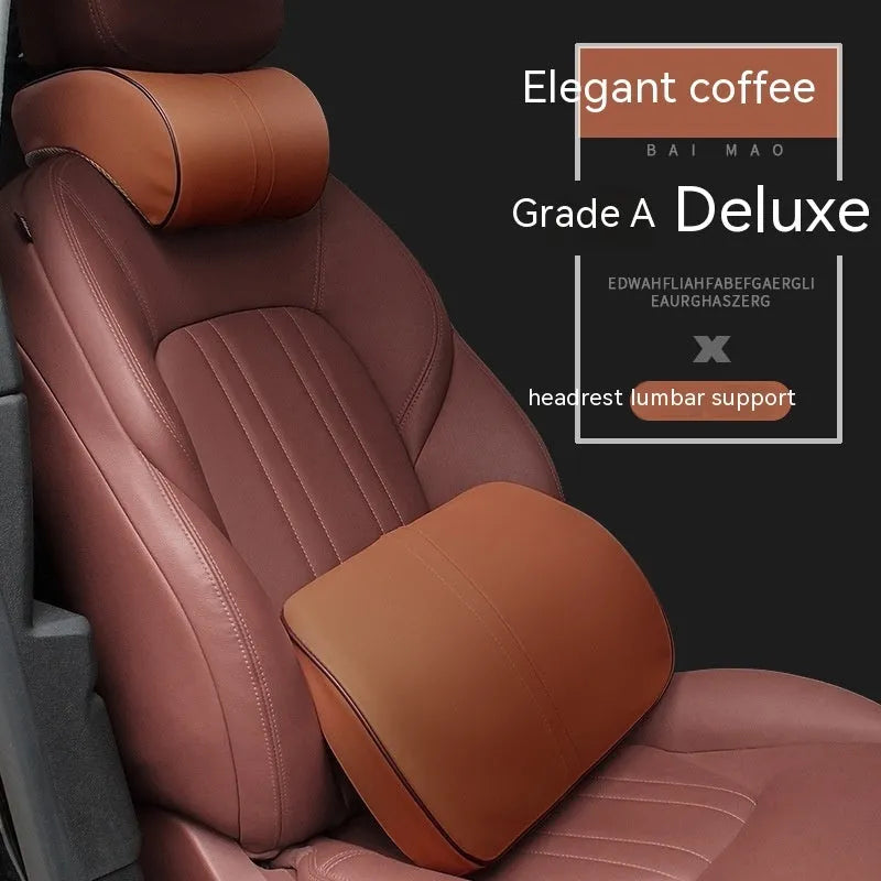 A solid-colour memory foam car cushion, shown as both a headrest pillow and a lumbar support, in a neutral brown shade.