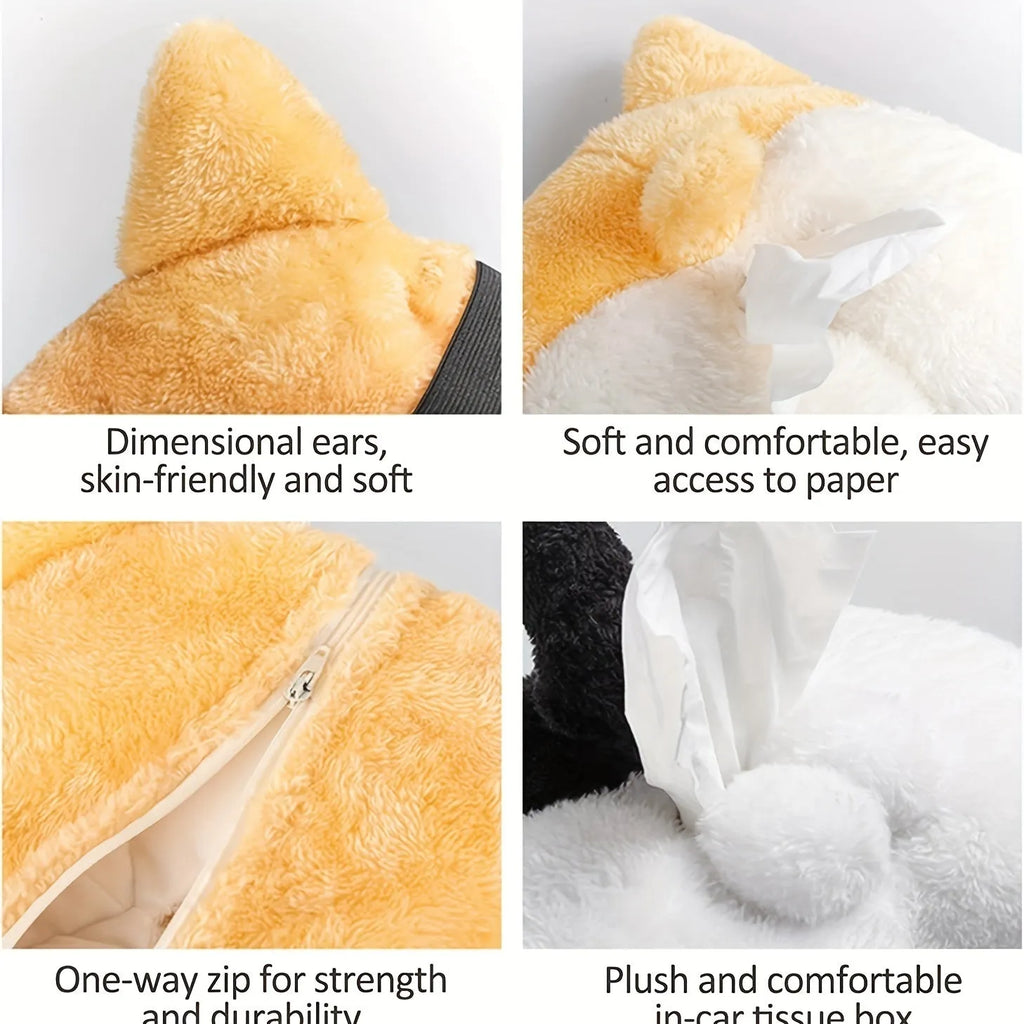 Yellow corgi butt shaped tissue box cover with elastic strap for car visor mounting