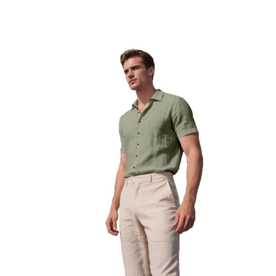 Men's loose fit linen short-sleeved shirt in cardigan style, shown in multiple solid colours.