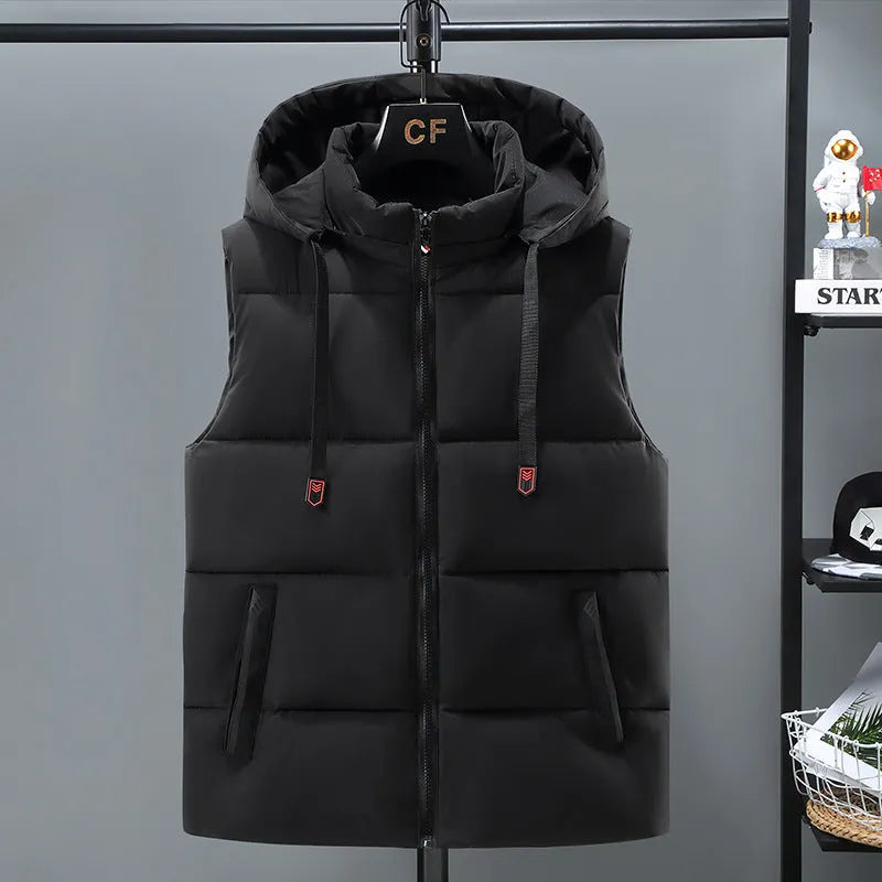Men's black thickened vest with removable cap and straight hem design