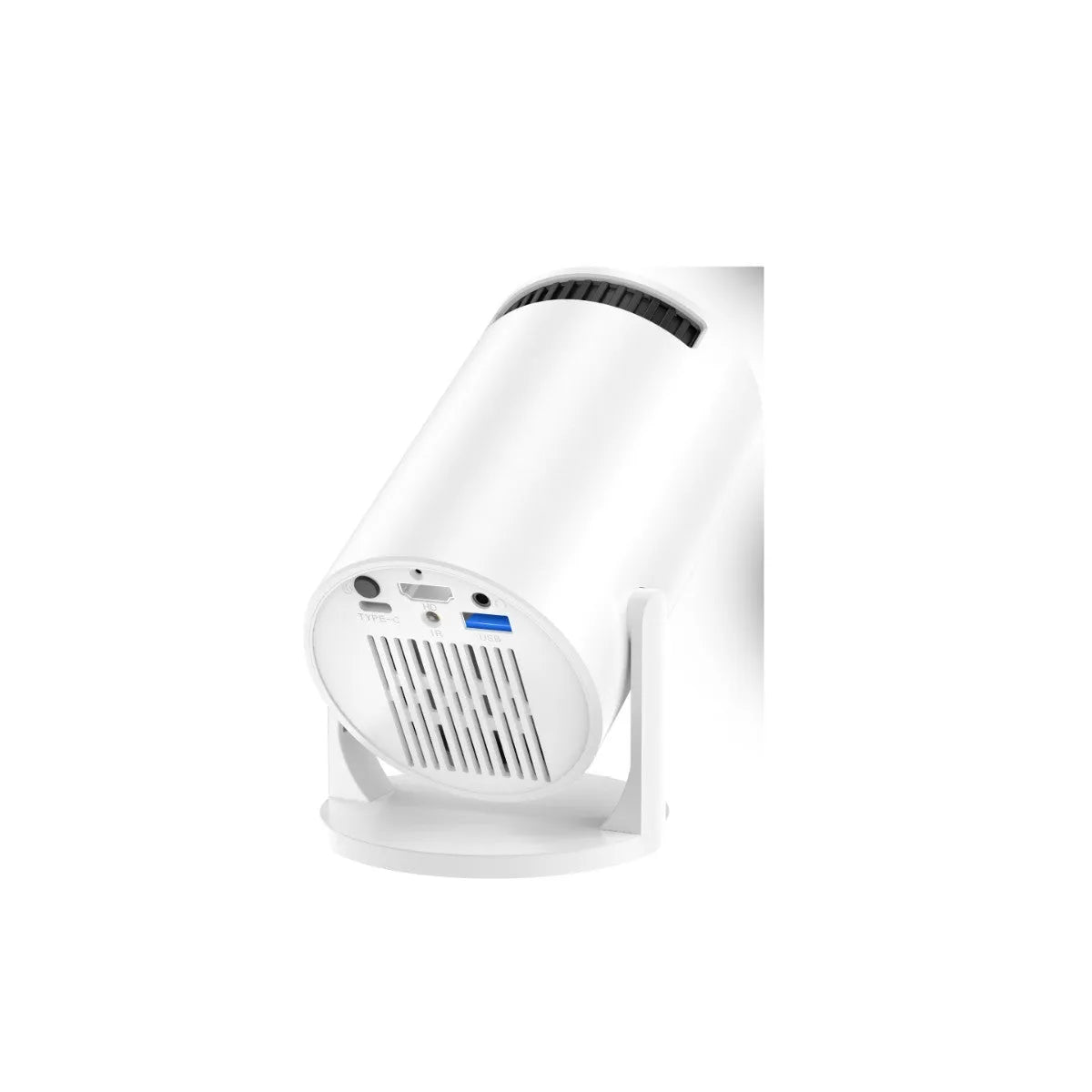 White portable wireless projector with HD 1080p resolution and same-screen mirroring capability