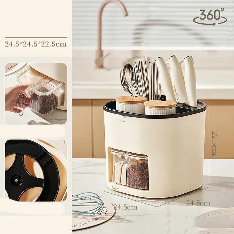 White rotating kitchen storage bucket with attached four-compartment spice box for utensils and seasonings.