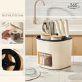 White rotating kitchen storage bucket with attached four-compartment spice box for utensils and seasonings.