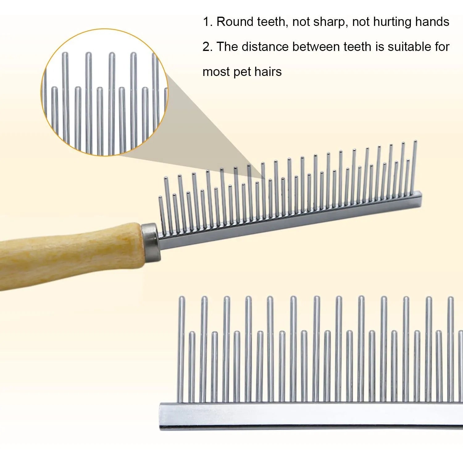 Wooden handle pet grooming comb for dogs and cats with round comb needles