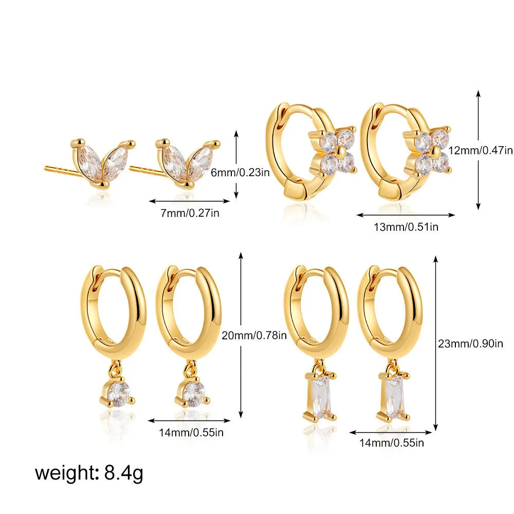 Copper plating zircon geometric square earrings four-piece set gold silver colour women's jewellery