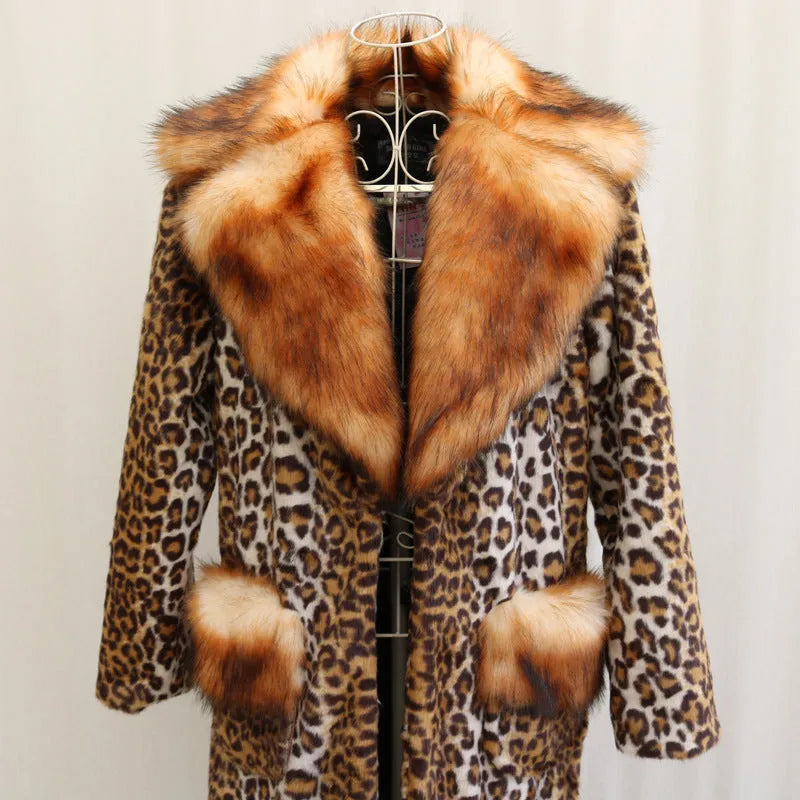 Women's long leopard print artificial fur jacket with regular sleeves, shown on a model.