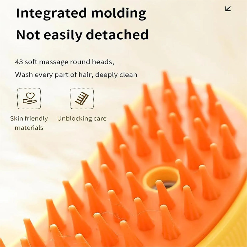 Green rechargeable 3-in-1 cat steam brush with silicone teeth for detangling, massage and steam cleaning