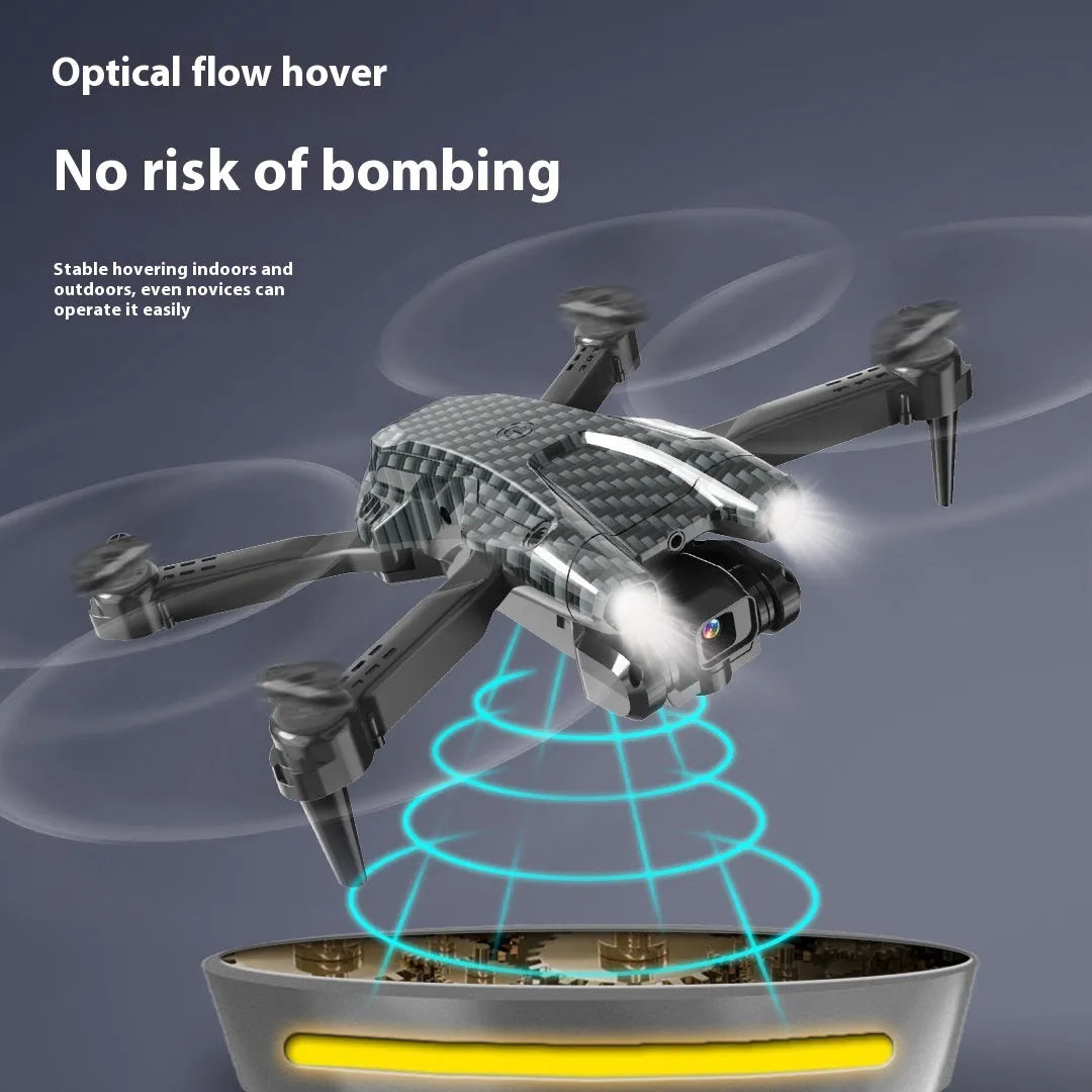 S138 black folding UAV drone with dual cameras and obstacle avoidance sensors, shown in a compact size.
