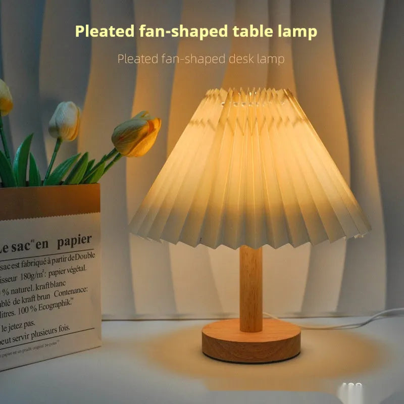 Vintage pleated umbrella shaped remote control bedside lamp in pure white colour with USB power cable