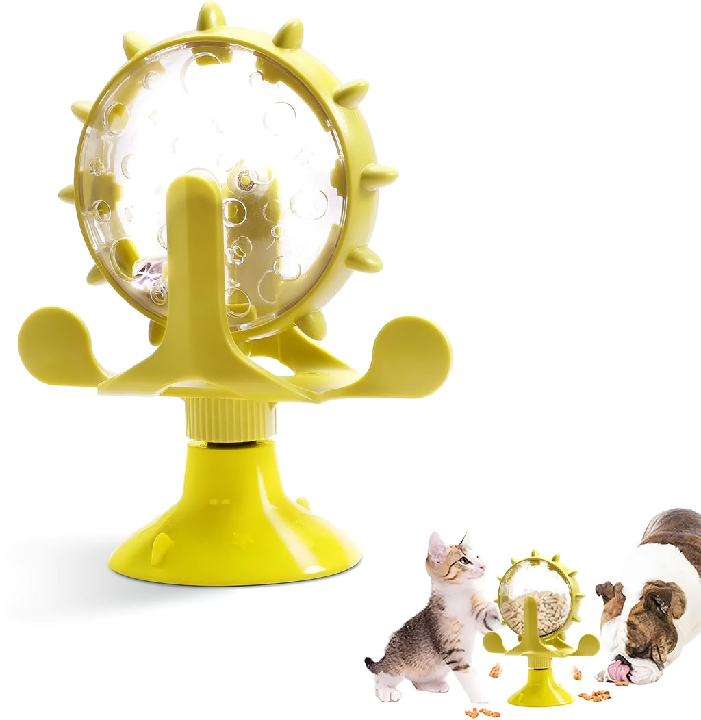 Interactive pet puzzle feeder toy with rotating spinner in blue, green, red or yellow colours