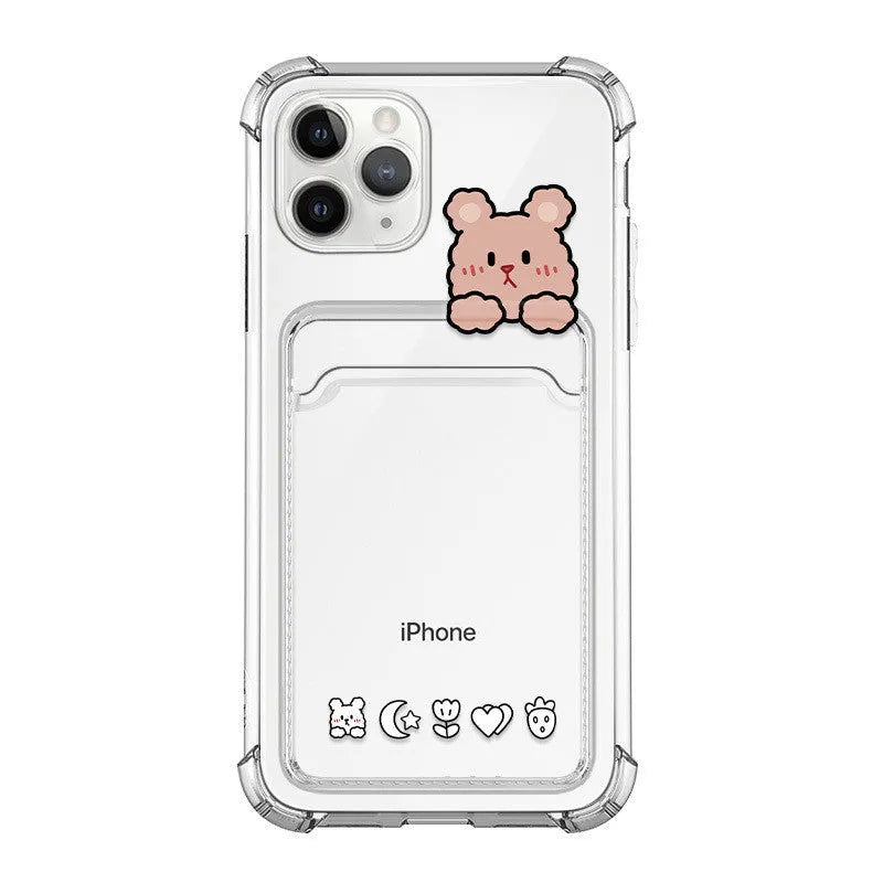Clear cartoon-patterned iPhone case with a built-in card holder on the back.
