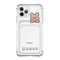 Clear cartoon-patterned iPhone case with a built-in card holder on the back.