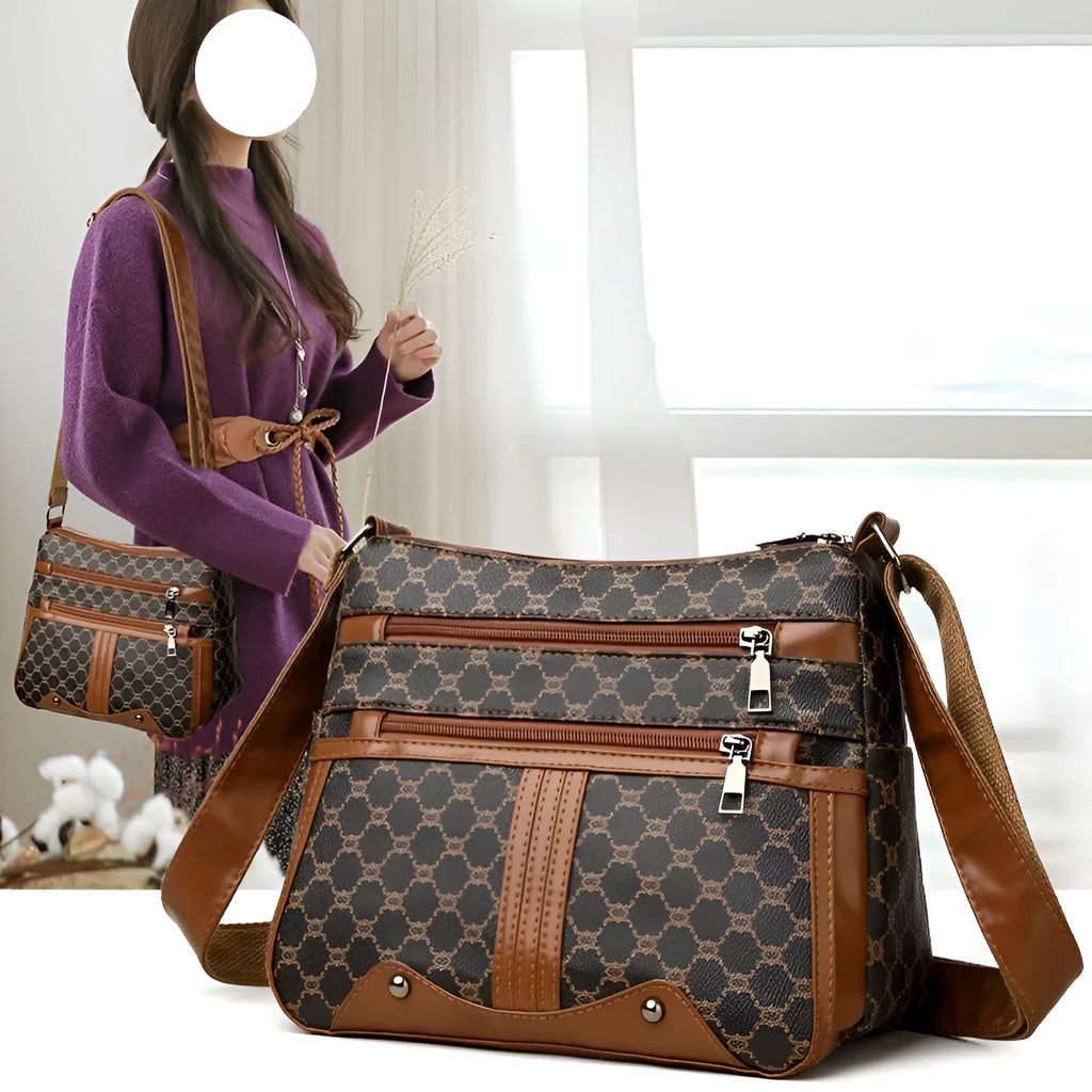 Brown women's crossbody bag with stitching pattern design and adjustable strap