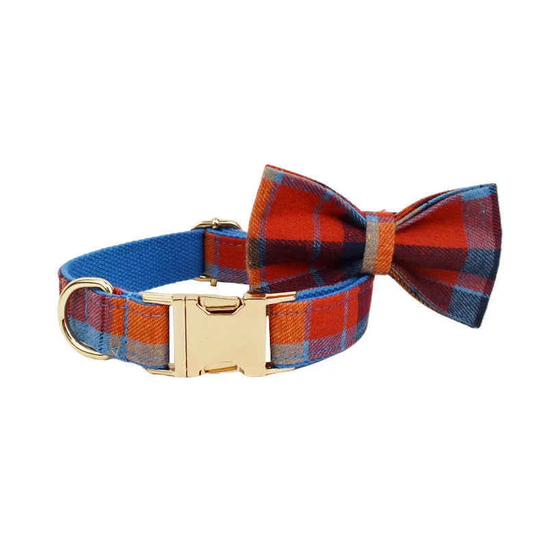 Blue velvet plaid cloth dog collar and leash set with optional bow accessory in XS to XL sizes