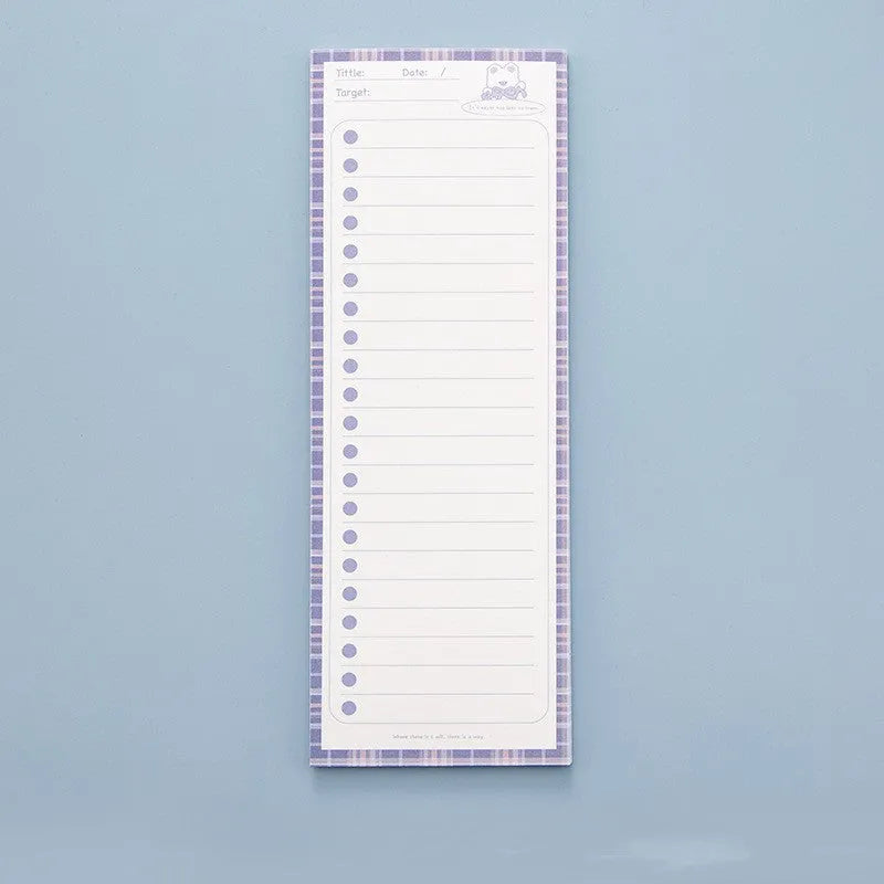 Cartoon student notepad with plastic cover showing bear or bunny design on colour striped background