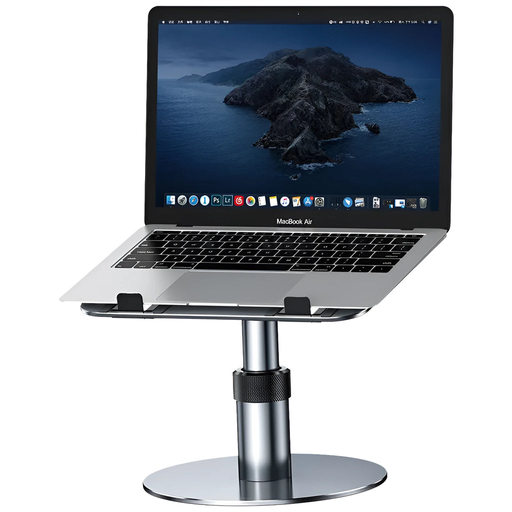 Silver adjustable aluminium car laptop stand with rotating base on a car seat.