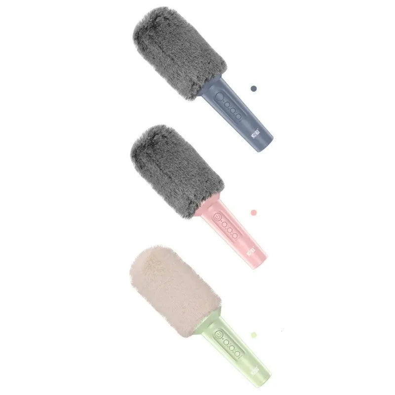 Wireless Bluetooth karaoke microphone in pink, blue, or mint green with built-in speaker.