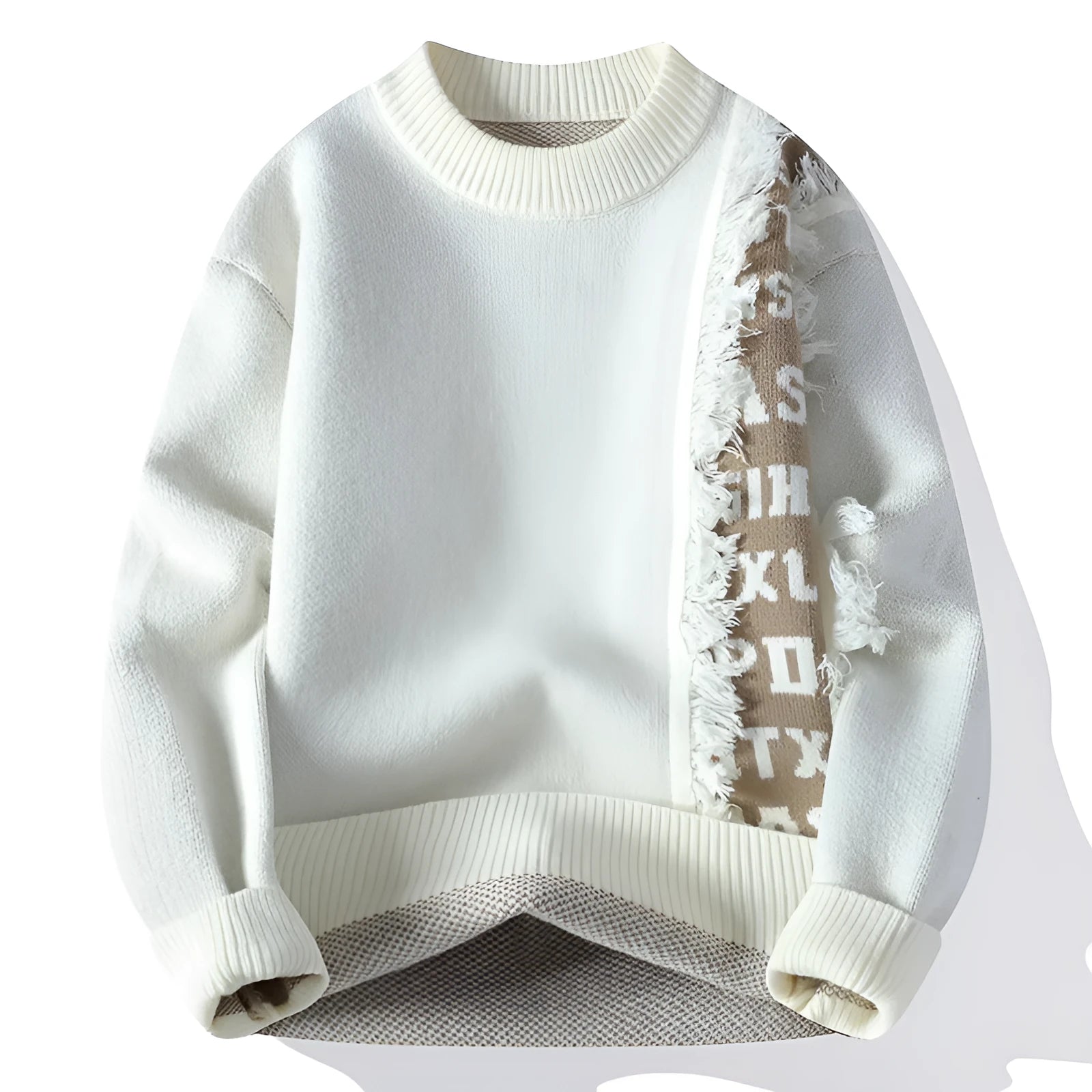 Men's loose fit grey knitted pullover jumper with long sleeves and a ribbed hemline.