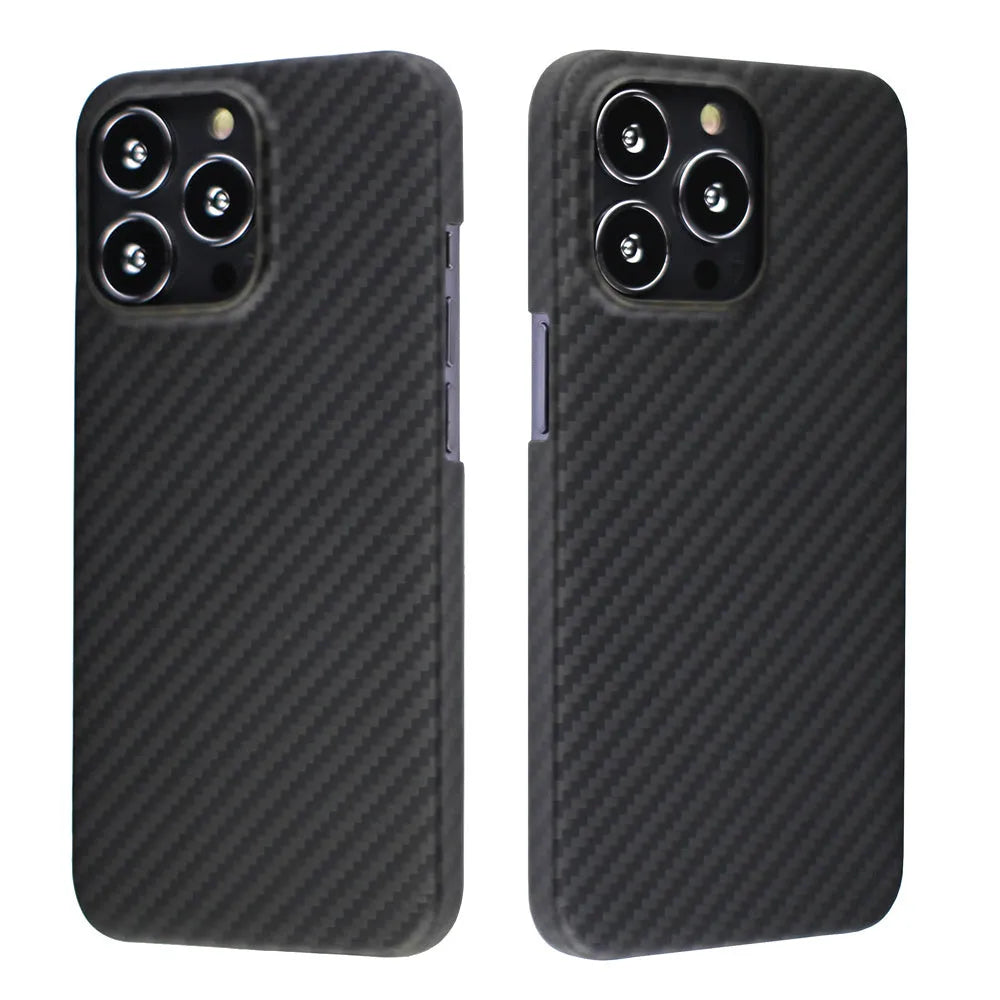 Matte black real carbon Kevlar fibre protective case for Apple iPhone, showing crater texture detail.