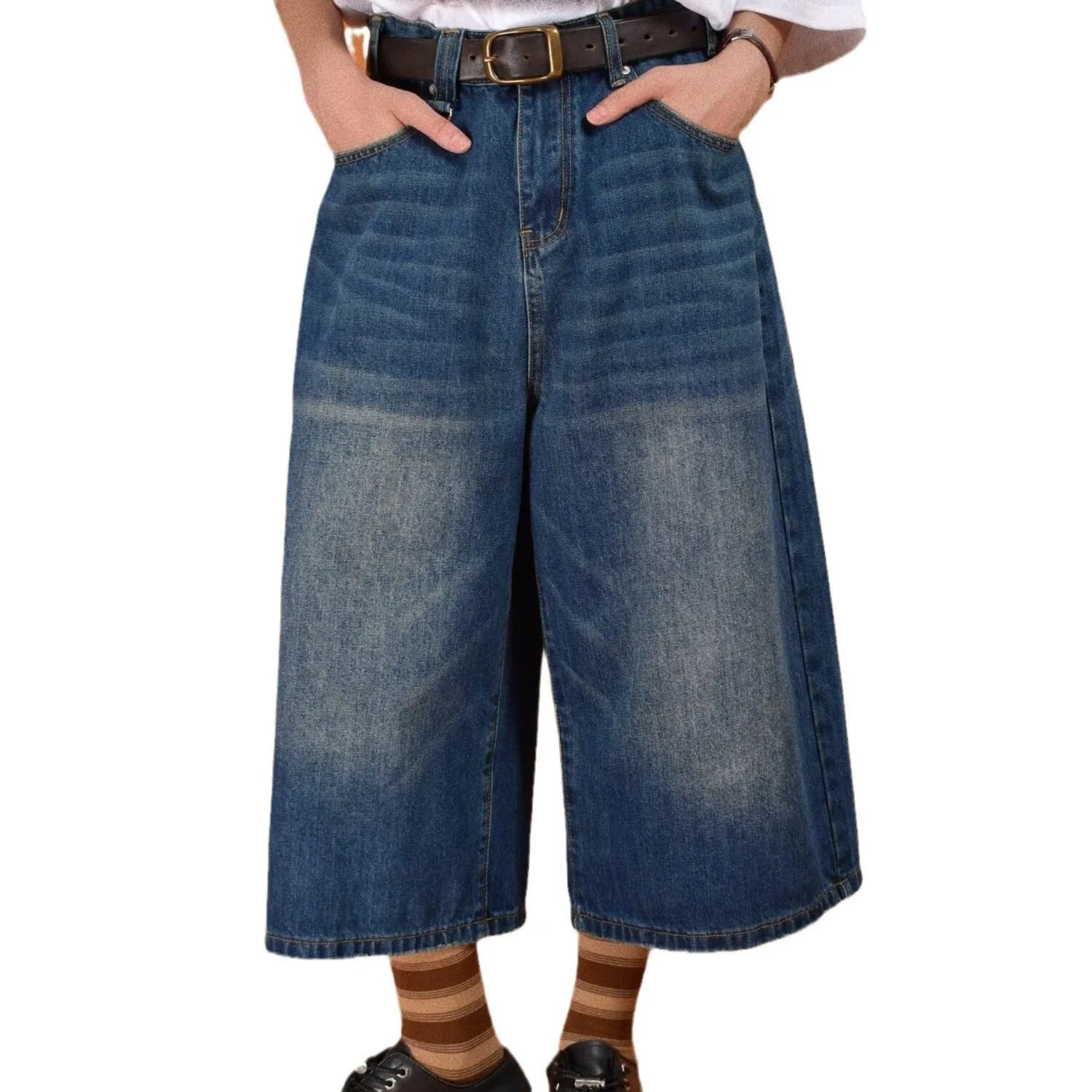 Men's straight leg denim shorts summer fifth length loose fit micro elastic