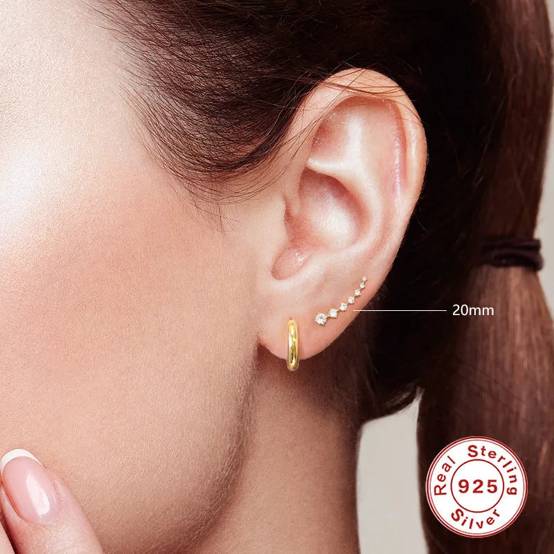 S925 sterling silver single row 7 stone diamond ear studs, geometric design, gold 20mm option