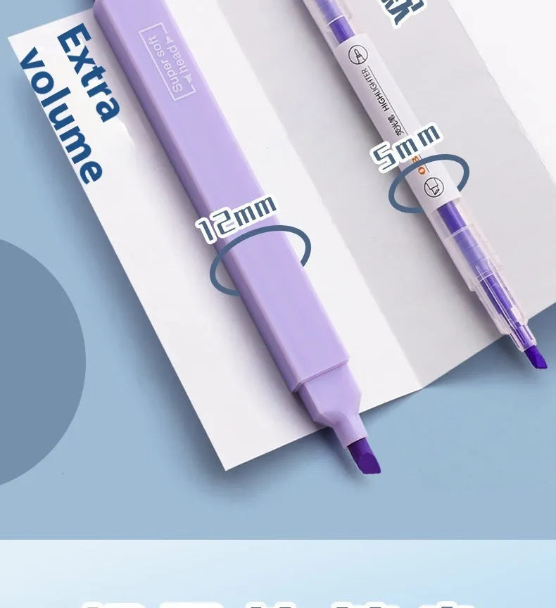 Set of six double-headed fluorescent highlighter pens with assorted barrel colours on a white surface.