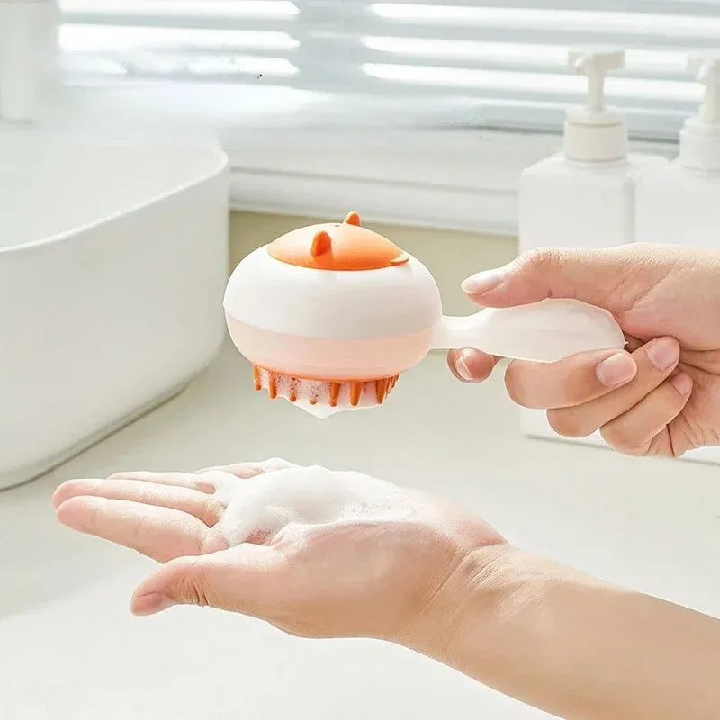 Automatic cleaning pet bath brush with soft gel massage head in blue and orange colour options